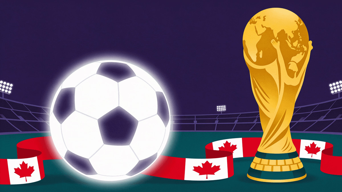 FIFA World Cup 2026 trophy with a Canadian flag and stadium in the background